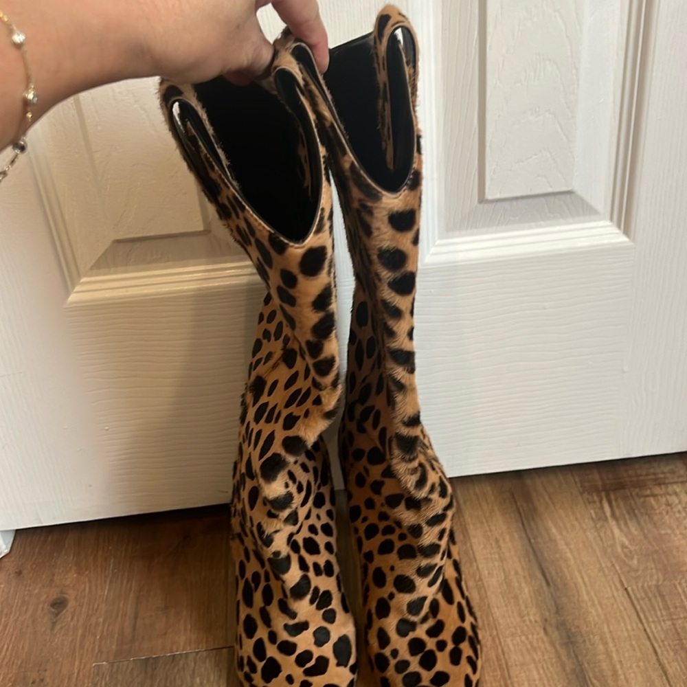 Tom Ford Beige/Brown Leopard Print Calf Hair Knee High Boots-Size 36.5